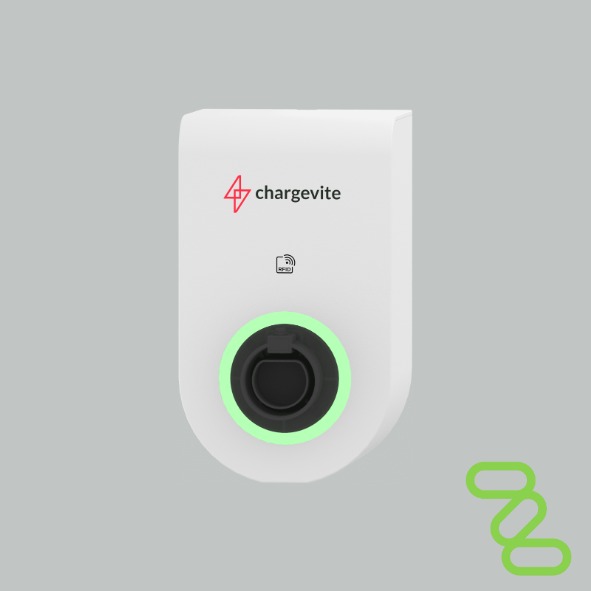 Cargador para vehículos eléctricos de la marca Chargevite y modelo Comfort. Imagen sobre fondo gris y con el logo de la empresa ELECTRISPOT. 