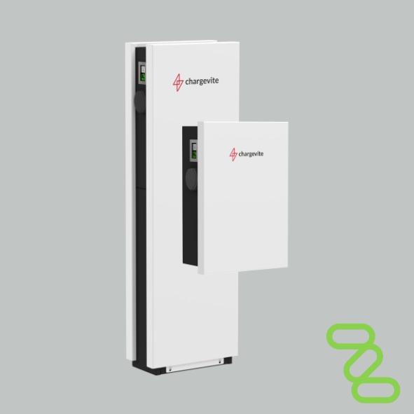 Cargador para vehículos eléctricos de la marca Chargevite y modelo Genesis. Imagen sobre fondo gris y con el logo de la empresa ELECTRISPOT.