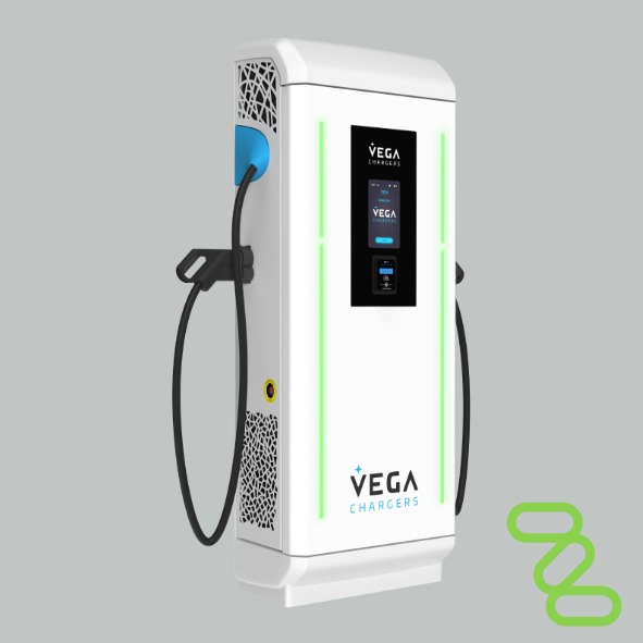 Cargador para vehículos eléctricos de la marca Vega y modelo Aloha Lander. Imagen sobre fondo gris y con el logo de la empresa ELECTRISPOT.